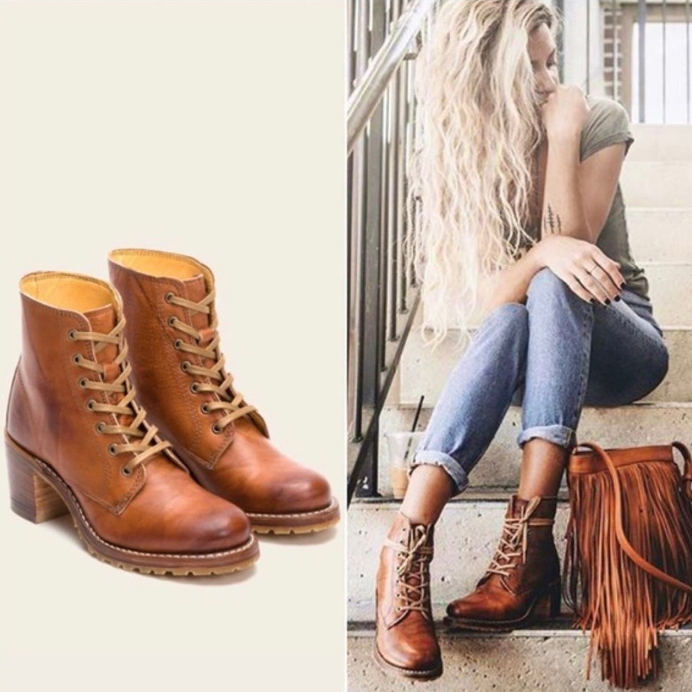 Frye Sabrina lace up size 5.5 walnut brown leather combat